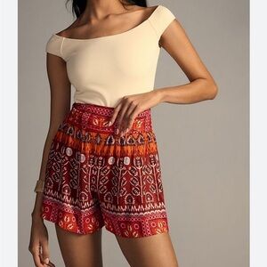 Anthropologie Boho Indie Printed Ruched Wide Leg High Rise Red Pink Shorts Sz 3X